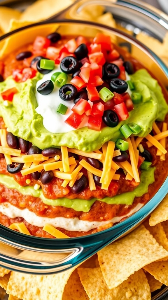 A colorful 7 layer taco dip with layers of beans, avocado, sour cream, salsa, cheese, olives, tomatoes, and onions, served with tortilla chips.
